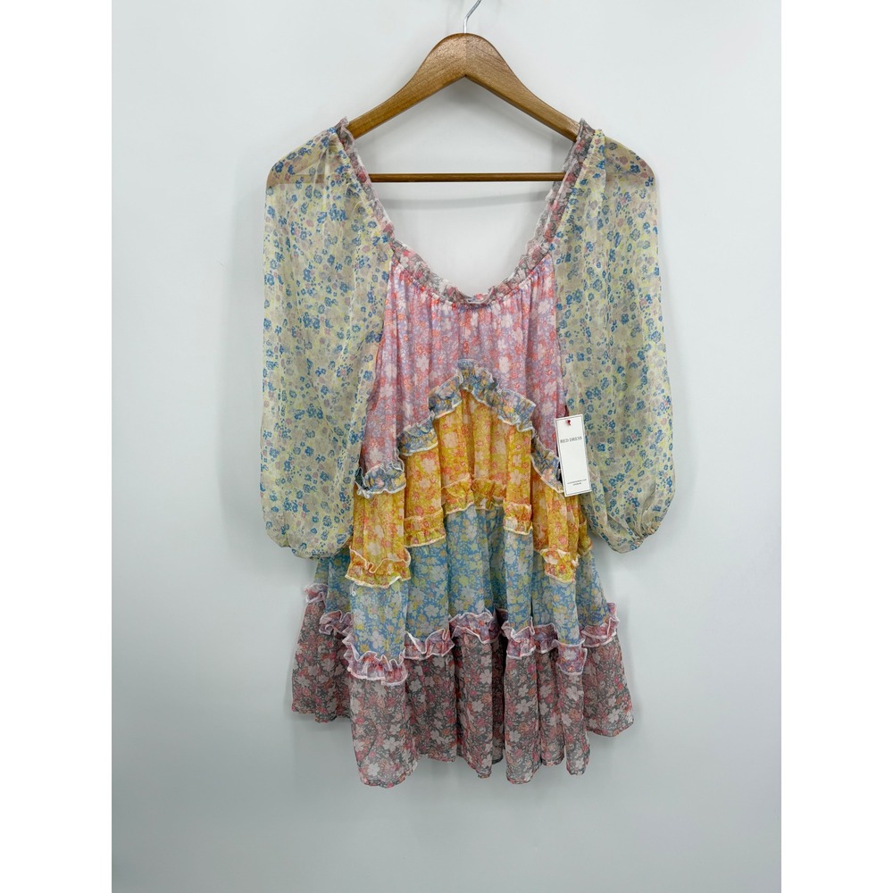 AURA LD1239-RD Tiered Ruffle Mini Dress Womens Size S Multi Color Floral Sheer